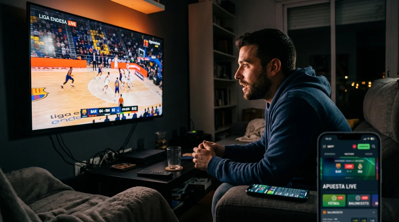 Apostador siguiendo un partido de baloncesto NBA en directo desde su smartphone para apuestas live